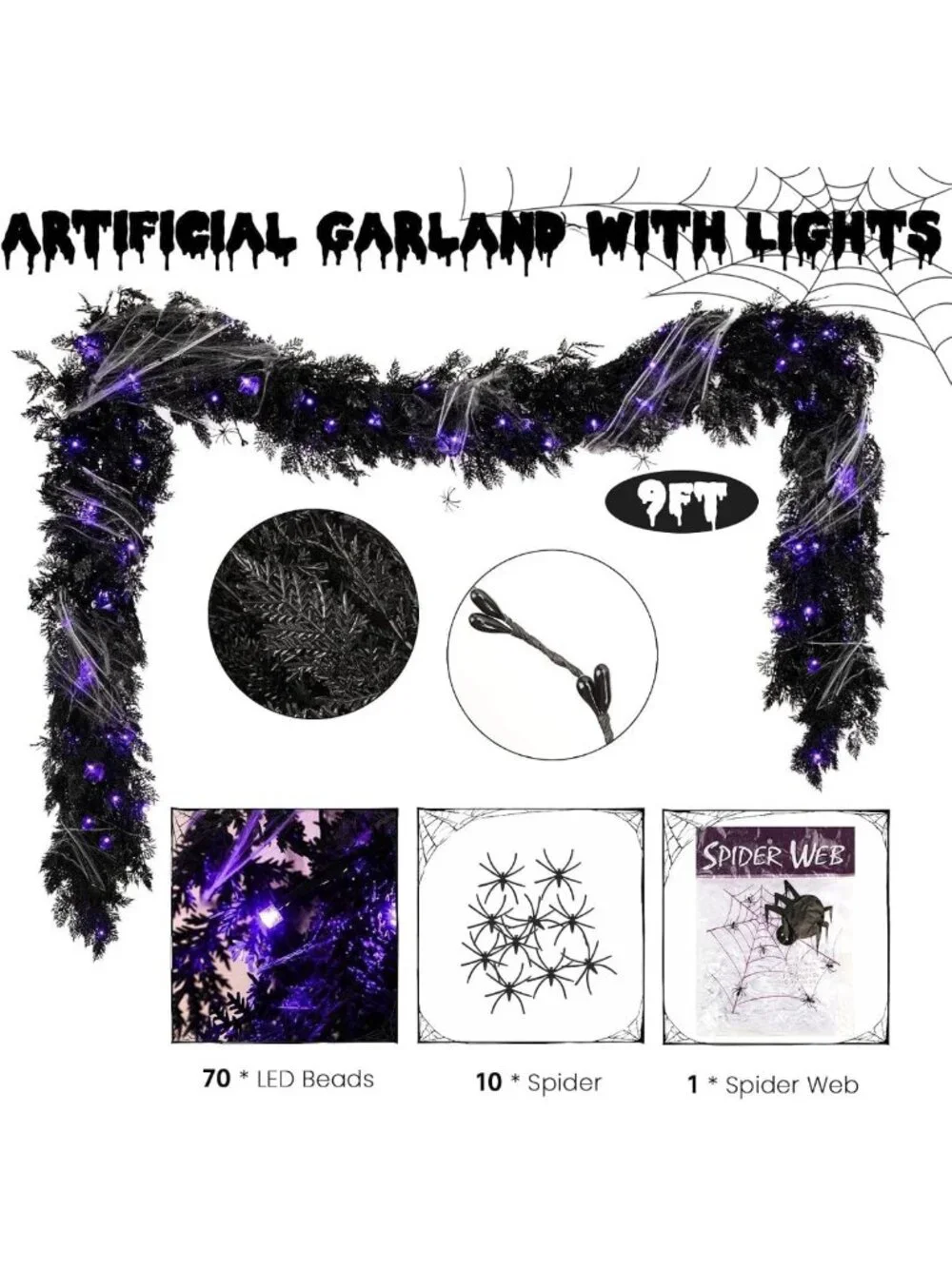 9FT Pre-Lit Halloween Garland with Black Cedar, Berries & Spiders